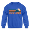 Boulder, Colorado Youth Sweatshirt - Retro Mountain Youth Boulder Crewneck Sweatshirt - royal blue