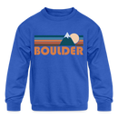 Boulder, Colorado Youth Sweatshirt - Retro Mountain Youth Boulder Crewneck Sweatshirt - royal blue