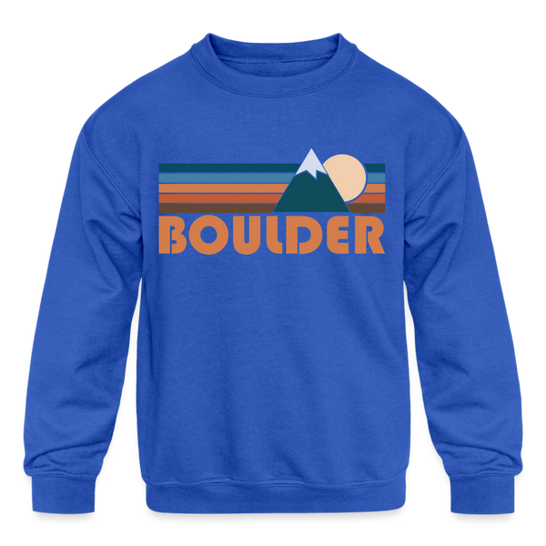 Boulder, Colorado Youth Sweatshirt - Retro Mountain Youth Boulder Crewneck Sweatshirt - royal blue