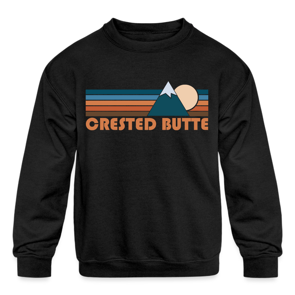 Crested Butte, Colorado Youth Sweatshirt - Retro Mountain Youth Crested Butte Crewneck Sweatshirt - black