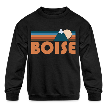 Boise, Idaho Youth Sweatshirt - Retro Mountain Youth Boise Crewneck Sweatshirt - black