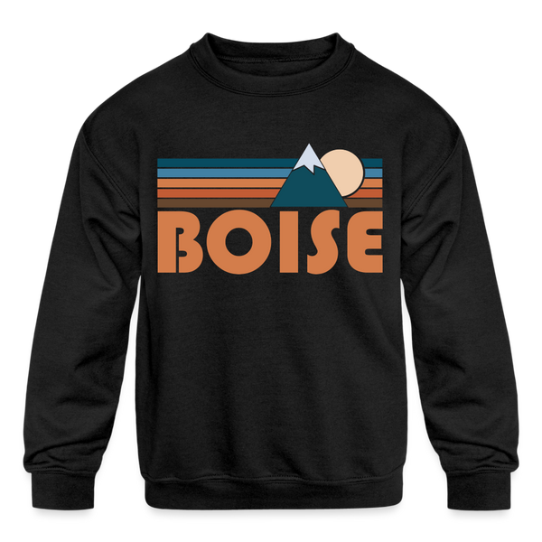 Boise, Idaho Youth Sweatshirt - Retro Mountain Youth Boise Crewneck Sweatshirt - black