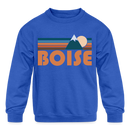 Boise, Idaho Youth Sweatshirt - Retro Mountain Youth Boise Crewneck Sweatshirt - royal blue