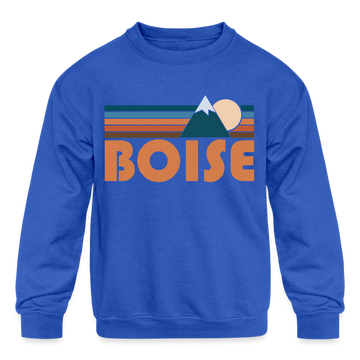 Boise, Idaho Youth Sweatshirt - Retro Mountain Youth Boise Crewneck Sweatshirt - royal blue