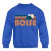 Boise, Idaho Youth Sweatshirt - Retro Mountain Youth Boise Crewneck Sweatshirt - royal blue