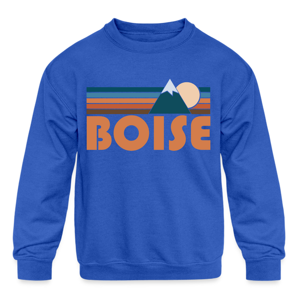 Boise, Idaho Youth Sweatshirt - Retro Mountain Youth Boise Crewneck Sweatshirt - royal blue