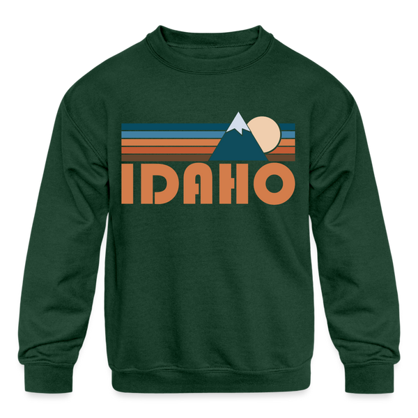 Idaho Youth Sweatshirt - Retro Mountain Youth Idaho Crewneck Sweatshirt - forest green