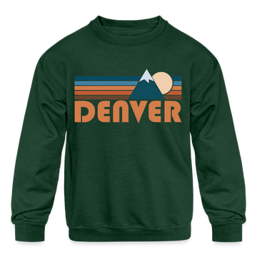 Denver, Colorado Youth Sweatshirt - Retro Mountain Youth Denver Crewneck Sweatshirt - forest green