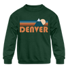 Denver, Colorado Youth Sweatshirt - Retro Mountain Youth Denver Crewneck Sweatshirt - forest green