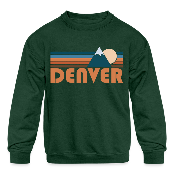 Denver, Colorado Youth Sweatshirt - Retro Mountain Youth Denver Crewneck Sweatshirt - forest green