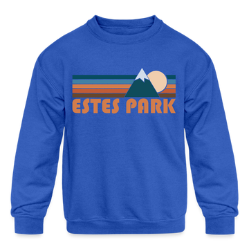 Estes Park, Colorado Youth Sweatshirt - Retro Mountain Youth Estes Park Crewneck Sweatshirt - royal blue