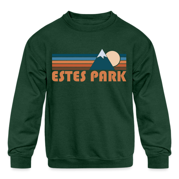 Estes Park, Colorado Youth Sweatshirt - Retro Mountain Youth Estes Park Crewneck Sweatshirt - forest green