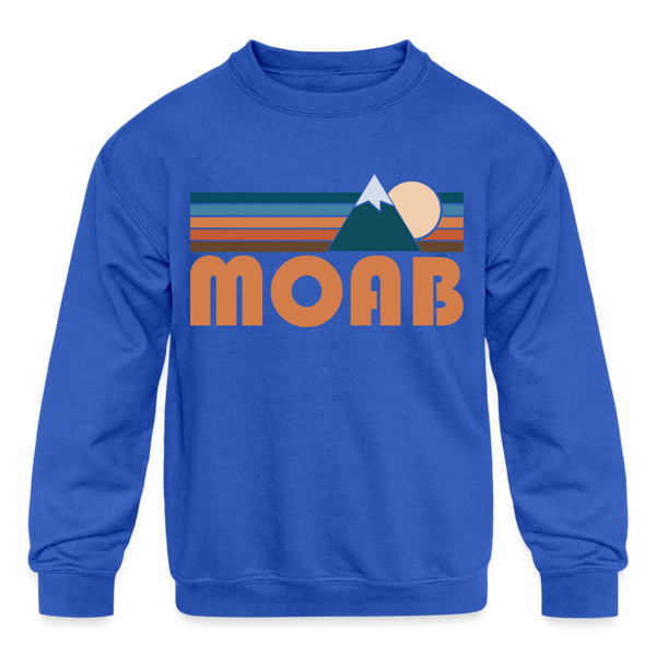 Moab, Utah Youth Sweatshirt - Retro Mountain Youth Moab Crewneck Sweatshirt - royal blue