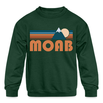 Moab, Utah Youth Sweatshirt - Retro Mountain Youth Moab Crewneck Sweatshirt - forest green
