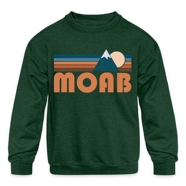 Moab, Utah Youth Sweatshirt - Retro Mountain Youth Moab Crewneck Sweatshirt - forest green