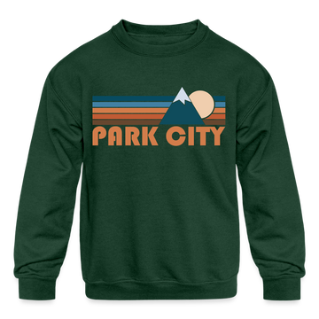 Park City, Utah Youth Sweatshirt - Retro Mountain Youth Park City Crewneck Sweatshirt - forest green