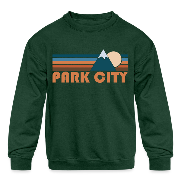 Park City, Utah Youth Sweatshirt - Retro Mountain Youth Park City Crewneck Sweatshirt - forest green