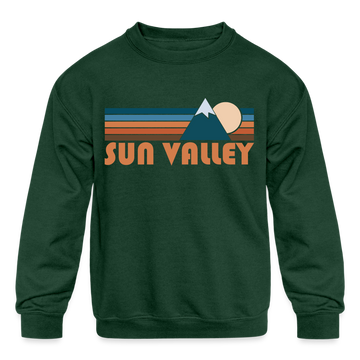 Sun Valley, Idaho Youth Sweatshirt - Retro Mountain Youth Sun Valley Crewneck Sweatshirt - forest green