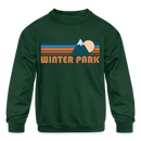 Winter Park, Colorado Youth Sweatshirt - Retro Mountain Youth Winter Park Crewneck Sweatshirt - forest green
