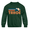 Tahoe, California Youth Sweatshirt - Retro Mountain Youth Tahoe Crewneck Sweatshirt - forest green