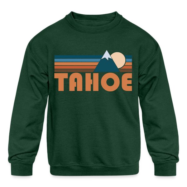 Tahoe, California Youth Sweatshirt - Retro Mountain Youth Tahoe Crewneck Sweatshirt - forest green