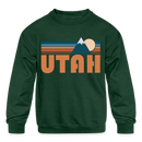 Utah Youth Sweatshirt - Retro Mountain Youth Utah Crewneck Sweatshirt - forest green