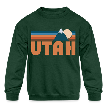 Utah Youth Sweatshirt - Retro Mountain Youth Utah Crewneck Sweatshirt - forest green