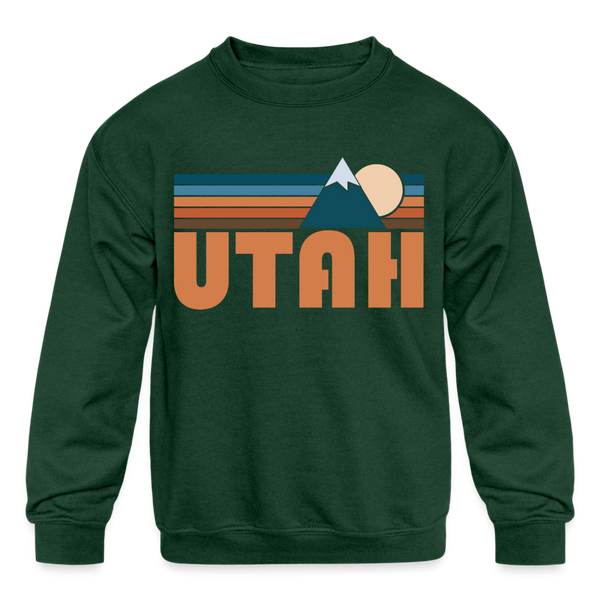 Utah Youth Sweatshirt - Retro Mountain Youth Utah Crewneck Sweatshirt - forest green