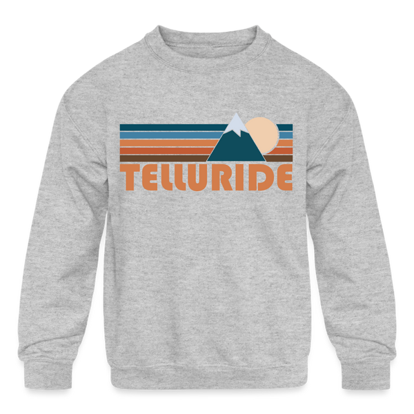 Telluride, Colorado Youth Sweatshirt - Retro Mountain Youth Telluride Crewneck Sweatshirt - heather gray