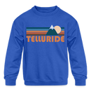 Telluride, Colorado Youth Sweatshirt - Retro Mountain Youth Telluride Crewneck Sweatshirt - royal blue