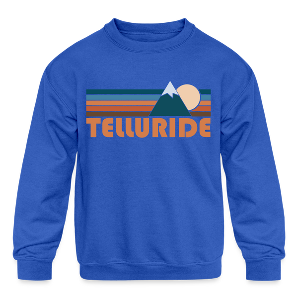 Telluride, Colorado Youth Sweatshirt - Retro Mountain Youth Telluride Crewneck Sweatshirt - royal blue