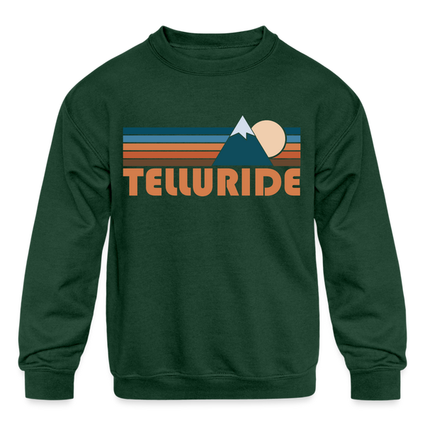 Telluride, Colorado Youth Sweatshirt - Retro Mountain Youth Telluride Crewneck Sweatshirt - forest green
