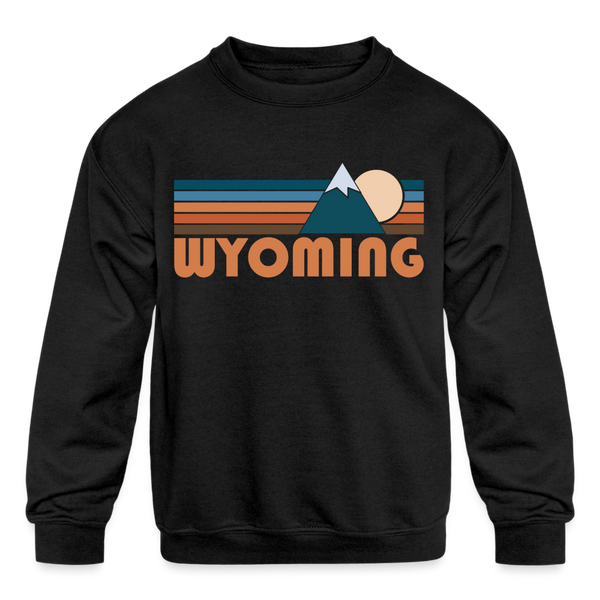Wyoming Youth Sweatshirt - Retro Mountain Youth Wyoming Crewneck Sweatshirt - black