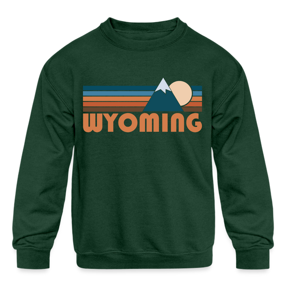 Wyoming Youth Sweatshirt - Retro Mountain Youth Wyoming Crewneck Sweatshirt - forest green