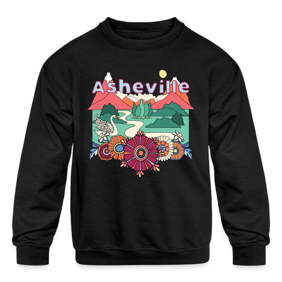 Asheville, North Carolina Youth Sweatshirt - Retro Hippie Youth Asheville Crewneck Sweatshirt - black