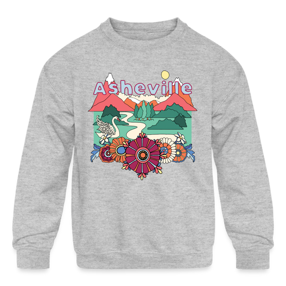 Asheville, North Carolina Youth Sweatshirt - Retro Hippie Youth Asheville Crewneck Sweatshirt - heather gray