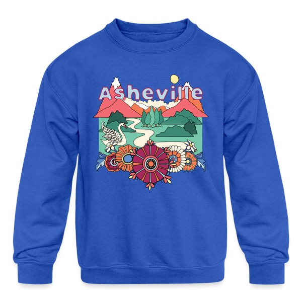 Asheville, North Carolina Youth Sweatshirt - Retro Hippie Youth Asheville Crewneck Sweatshirt - royal blue