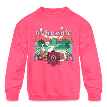 Asheville, North Carolina Youth Sweatshirt - Retro Hippie Youth Asheville Crewneck Sweatshirt - neon pink