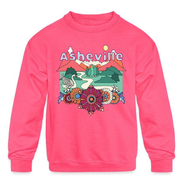 Asheville, North Carolina Youth Sweatshirt - Retro Hippie Youth Asheville Crewneck Sweatshirt - neon pink