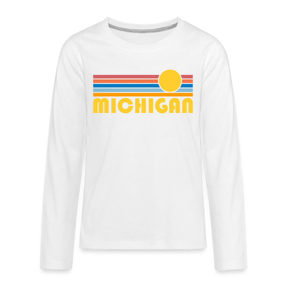 Michigan Youth Long Sleeve Shirt - Retro Sunrise Youth Long Sleeve Michigan Tee - white