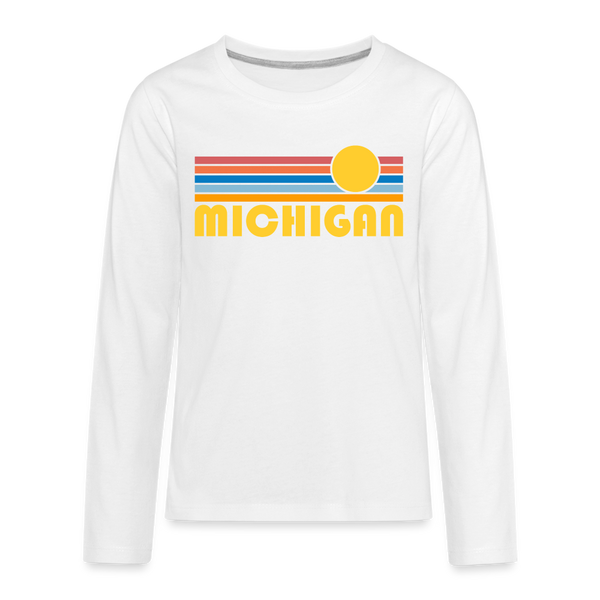 Michigan Youth Long Sleeve Shirt - Retro Sunrise Youth Long Sleeve Michigan Tee - white
