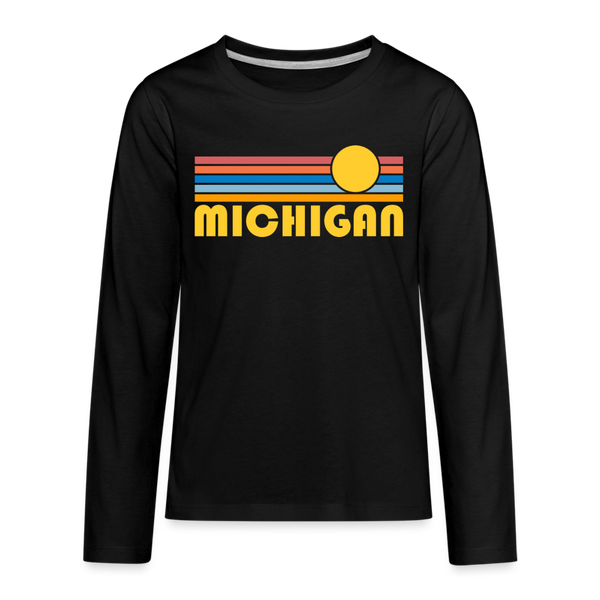 Michigan Youth Long Sleeve Shirt - Retro Sunrise Youth Long Sleeve Michigan Tee - black