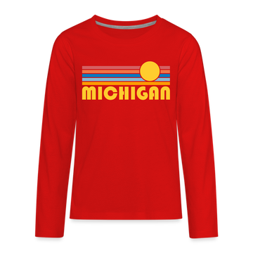 Michigan Youth Long Sleeve Shirt - Retro Sunrise Youth Long Sleeve Michigan Tee - red