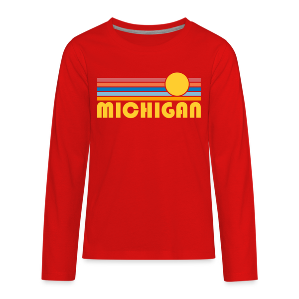 Michigan Youth Long Sleeve Shirt - Retro Sunrise Youth Long Sleeve Michigan Tee - red