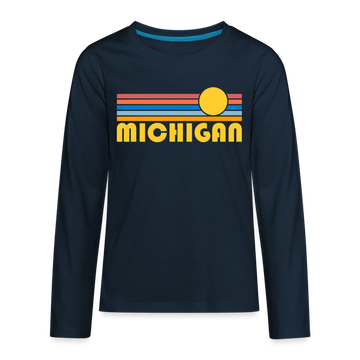 Michigan Youth Long Sleeve Shirt - Retro Sunrise Youth Long Sleeve Michigan Tee - deep navy