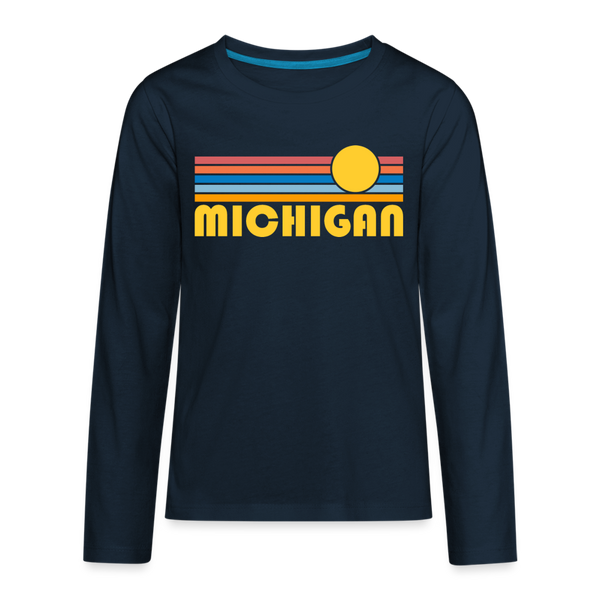 Michigan Youth Long Sleeve Shirt - Retro Sunrise Youth Long Sleeve Michigan Tee - deep navy